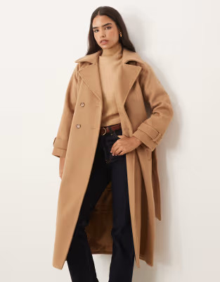 Abercrombie & Fitch wool blend maxi belted trench coat in camel | ASOS (Global)