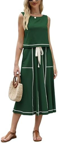 Women’s 2 Piece Cotton Skirt Set Sleeveless Draped Tank Top Drawstring Midi Skirt Y2K Lounge Ou... | Amazon (US)