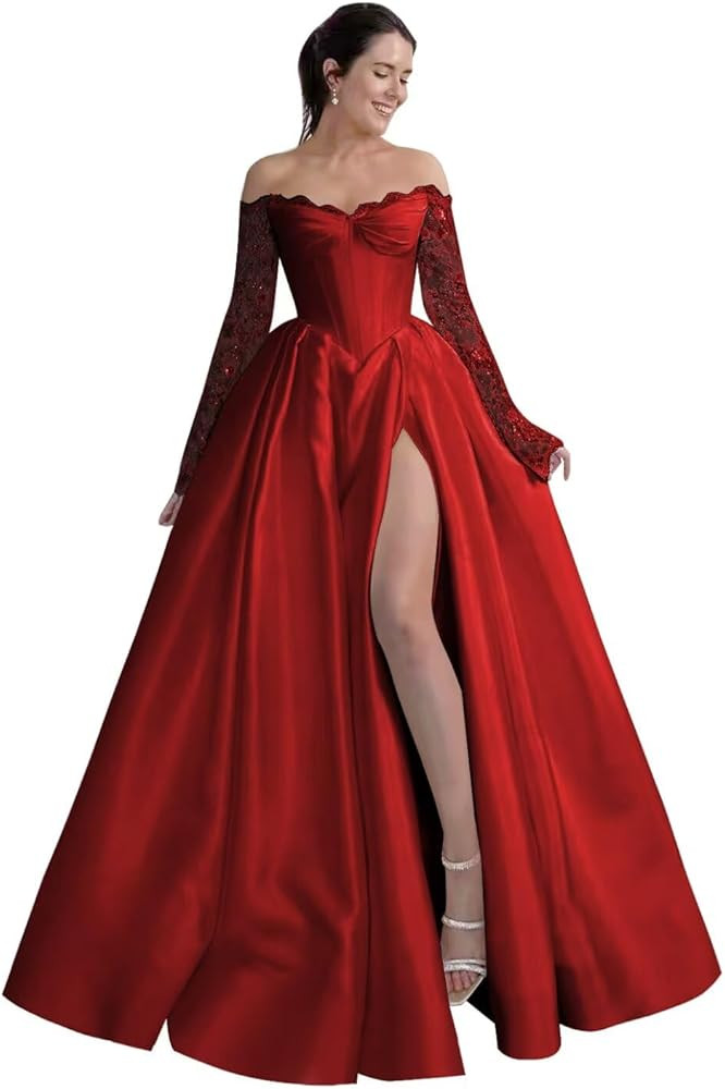Off Shoulder Satin Prom Dresses Lace Wedding Dresses for Bride Long Sleeve Ball Gowns for Women F... | Amazon (US)