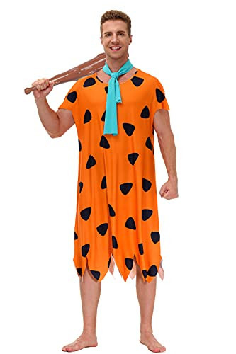 AOBUTE Mens Fred Costume Halloween Caveman Family Couple Matching Cosplay Adult Outfit Orange Tunic XXL | Amazon (US)
