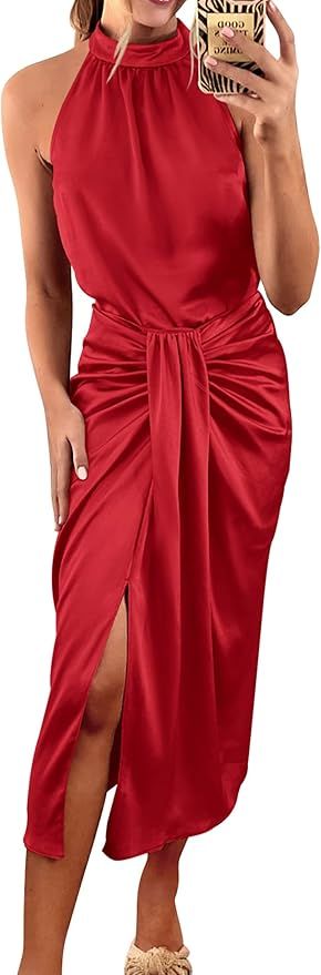 KIRUNDO Women 2023 Summer Satin Halter Ruched Bodycon Cocktail Dress Sleeveless Wrap Draped Slit ... | Amazon (US)