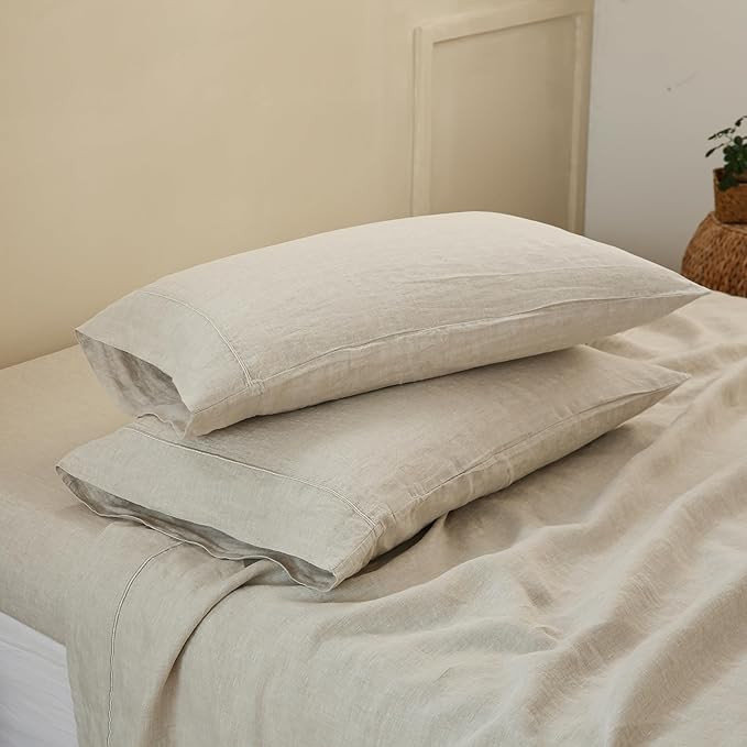 100% French Linen Pillowcases with Embroidery - Pack of 2 - Washed Solid Color Natural Flax Soft ... | Amazon (US)