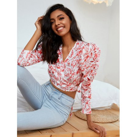 ONCEGALA Women s Double Crazy Gigot Sleeve Wrap Tie Back Floral Crop Top 52912W64833 | Walmart (US)