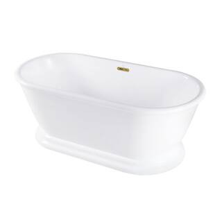 Aqua Eden 60 in. x 27.9 in. Acrylic Flatbottom Soaking Freestanding Bathtub in Glossy White/Brushed Brass with Drain | The Home Depot