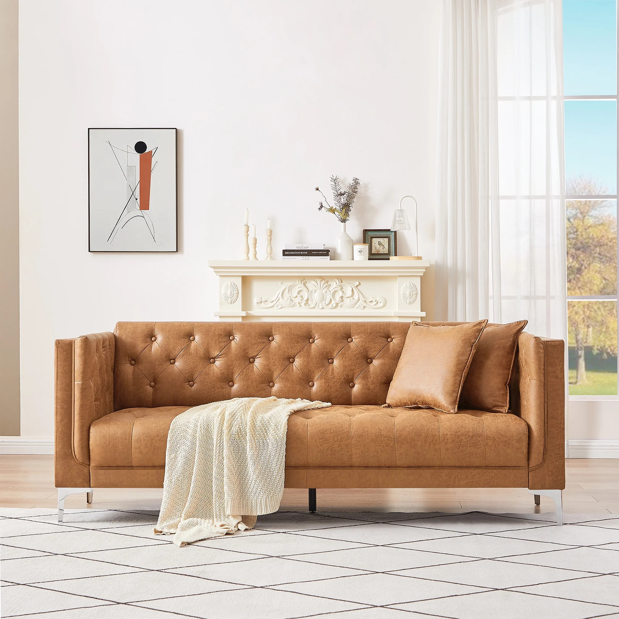 Homfa 78.3" 3-Seater Sofa, Leathaire Upholstered Handmade Tufted Couch with Armrests & 2 Pillow f... | Walmart (US)