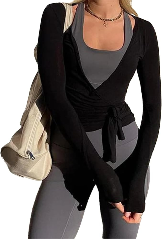 Women Wrap Tie Top Y2k Long SLeeve Ballet Workout Yoga Shirt Coquette Blouses | Amazon (US)