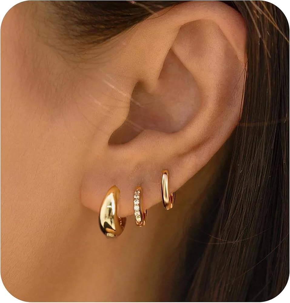 3 Pair Small Gold Hoop Earrings Set for Women, Huggie Hoop Earrings Earring Stack Helix Jewelry a... | Amazon (US)