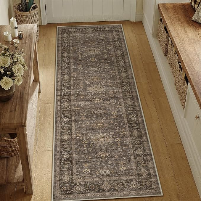 2x6 Dark Brown Vintage Runner Rug | Washable, Non Slip, Soft Low Pile, Traditional Farmhouse, for... | Amazon (US)