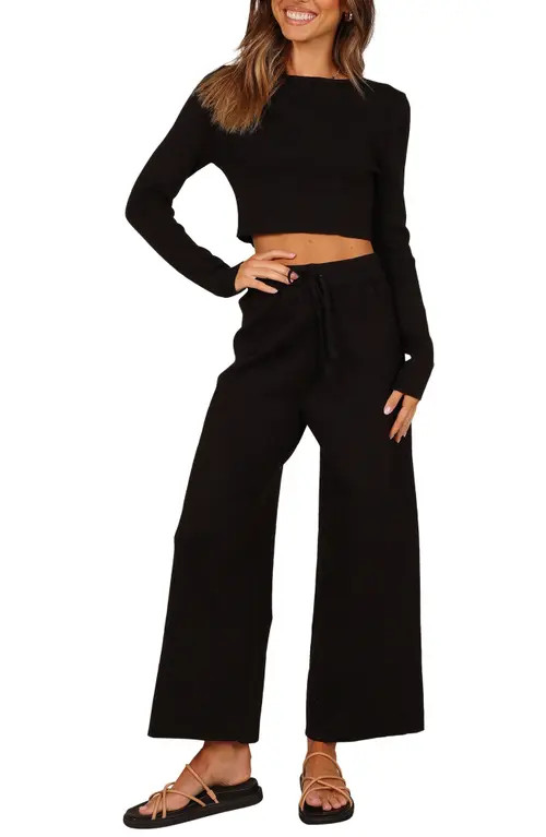 Petal & Pup Ayers Long Sleeve Rib Top & Wide Leg Pants in Black at Nordstrom, Size Medium | Nordstrom