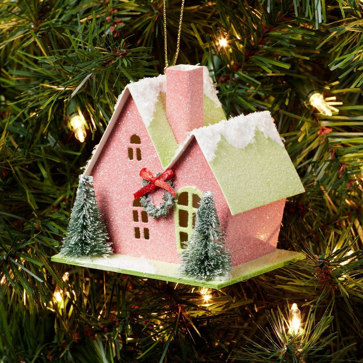 Glittered Paper House with Sisal Bottle Brush Trees Christmas Tree Ornament Pink/Yellow - Wonders... | Target