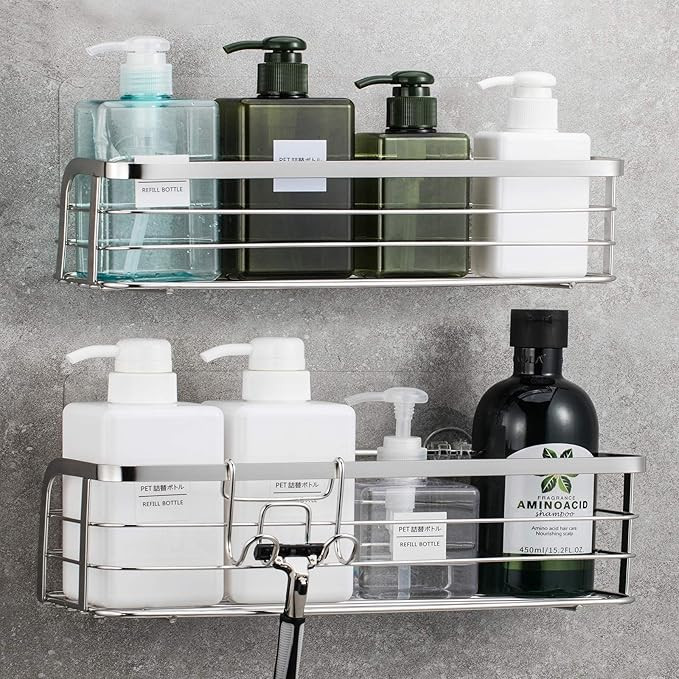 LUXEAR 2 Pack Adhesive Shower Caddy Basket Shelf with Hooks, No Drilling Bathroom Storage Organiz... | Amazon (US)