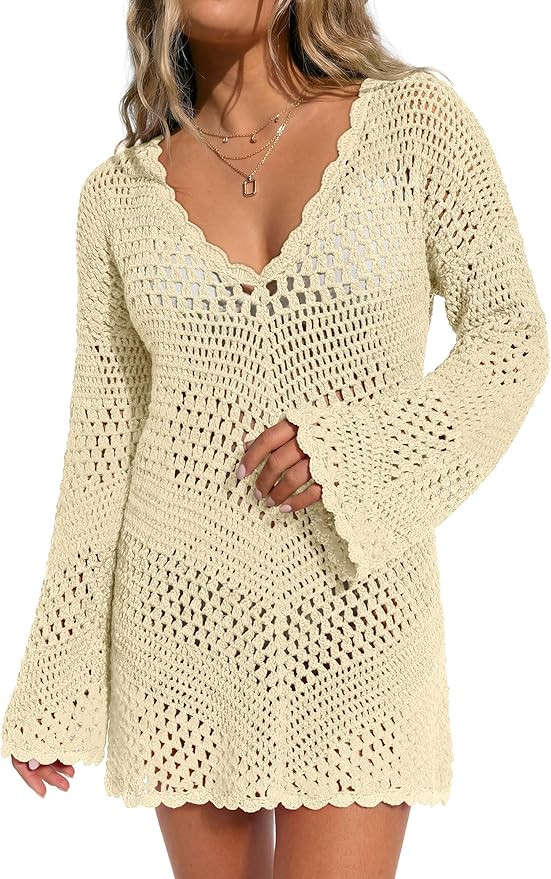 ANRABESS Swimsuit Cover Up for Women Crochet Bathing Suit Summer Swimwear V Neck Mesh Knit Dress ... | Amazon (US)