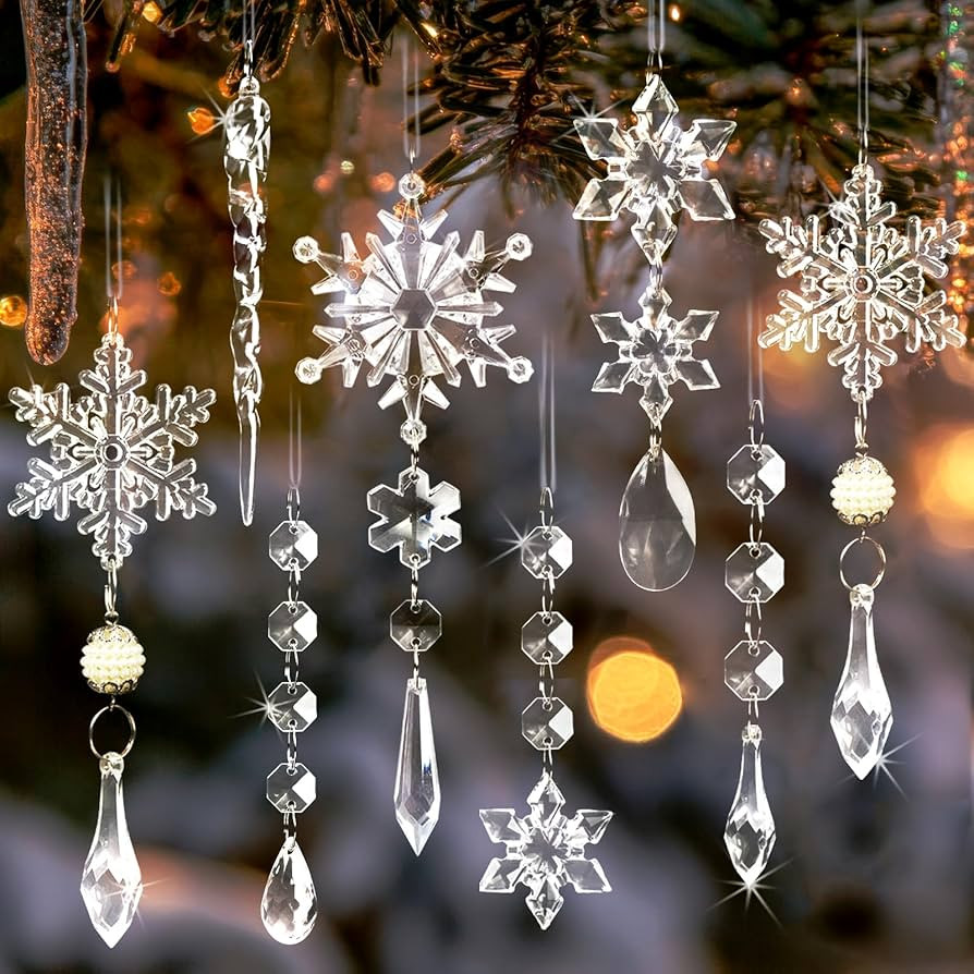Christmas Tree Decoration Crystal Ornaments - 48pcs Acrylic Christmas Ornaments Snowflake Icicle Drop Crystal Hanging Ornaments for Xmas Christmas Tree Winter Holiday Frozen Party Decorations | Amazon (US)