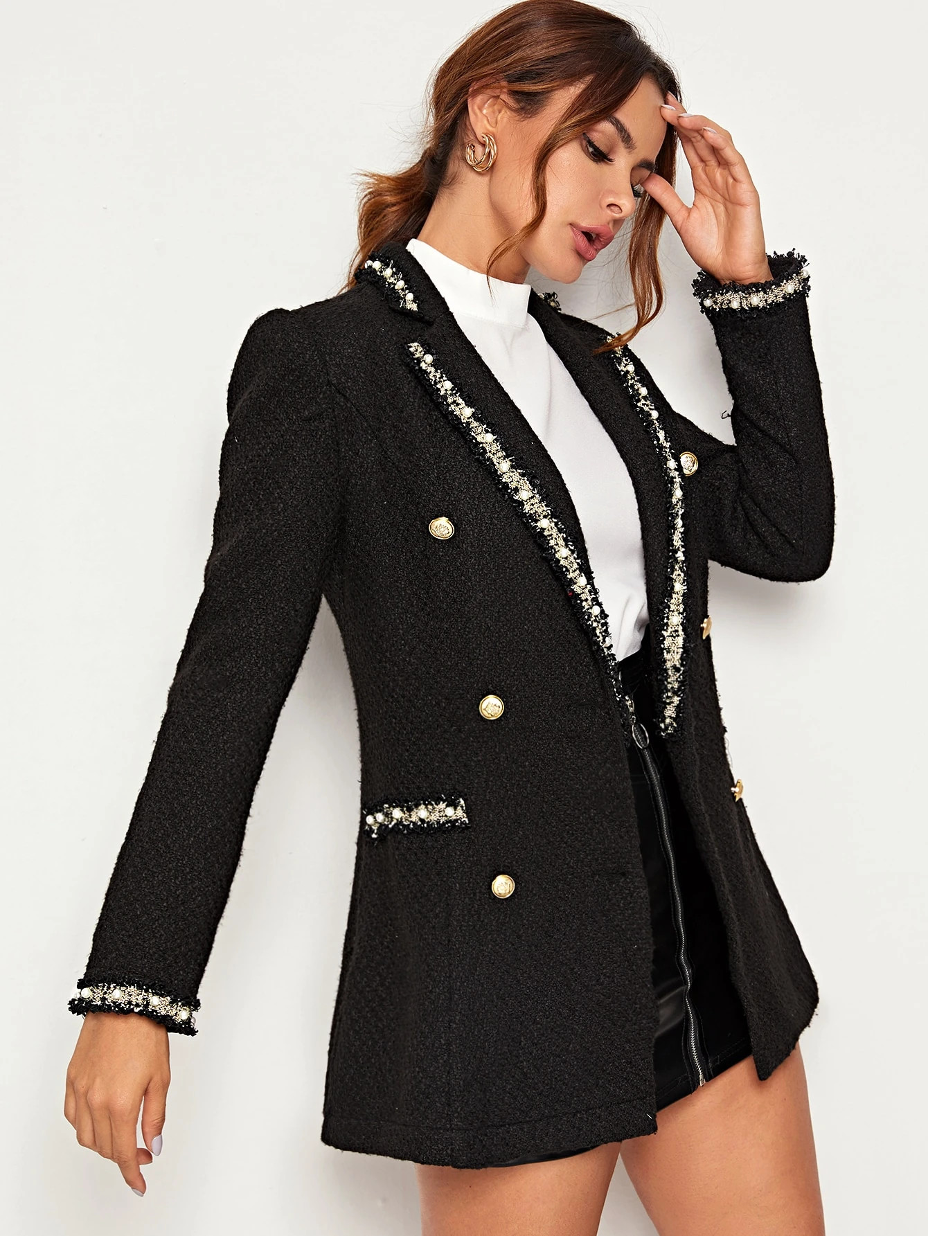 Contrast Trim Pearl Beaded Tweed Blazer | SHEIN