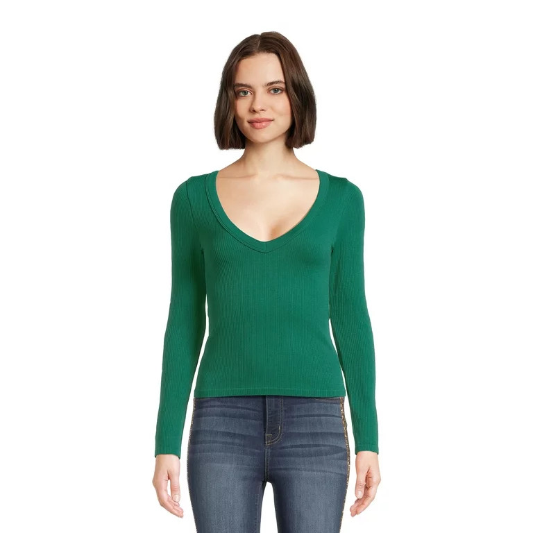 No Boundaries Juniors V-Neck Seamless Tee | Walmart (US)