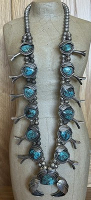 Vintage Signed Navajo Sterling Silver Bisbee Turquoise Squash Blossom Necklace | eBay US