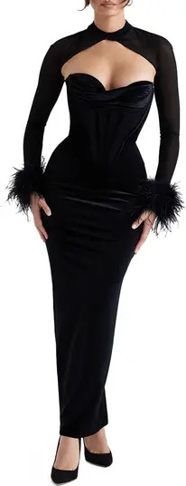 HOUSE OF CB Thalia Long Sleeve Feather Trim Velvet Corset Dress with Shrug | Nordstrom | Nordstrom