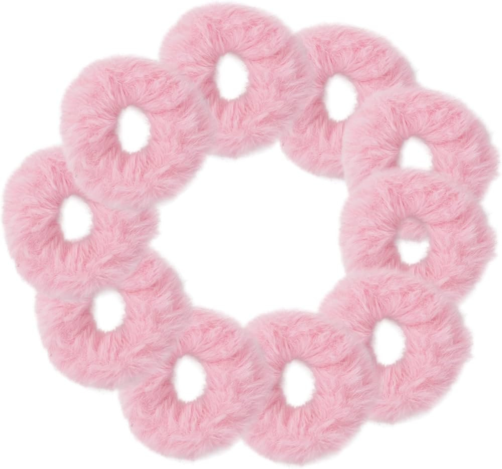 Small Fuzzy Fur Scrunchies Furry Pony Holder - Set of 10 - Pink | Amazon (US)
