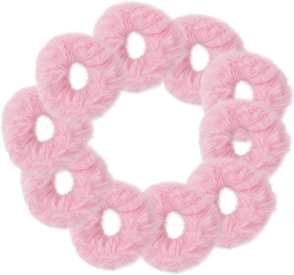 Small Fuzzy Fur Scrunchies Furry Pony Holder - Set of 10 - Pink | Amazon (US)