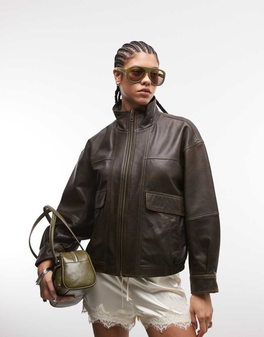 ASOS DESIGN oversized washed leather bomber in brown | ASOS (Global)