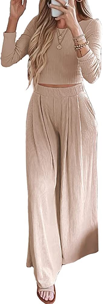 BTFBM Women's Two Piece Lounge Set Long Sleeve Bodycon Ribbed Knit Crop Top Loose Wide Leg Pant Casu | Amazon (US)