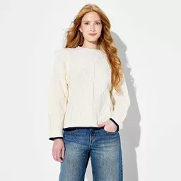 Women's Crewneck Cable Pullover Sweater - Wild Fable\u2122 Off-White XXS | Target