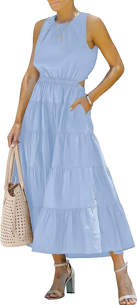 ANRABESS Womens Summer Sleeveless Cutout Maxi Dress Crewneck Tiered Flowy A-Line Sundress with Pocke | Amazon (US)