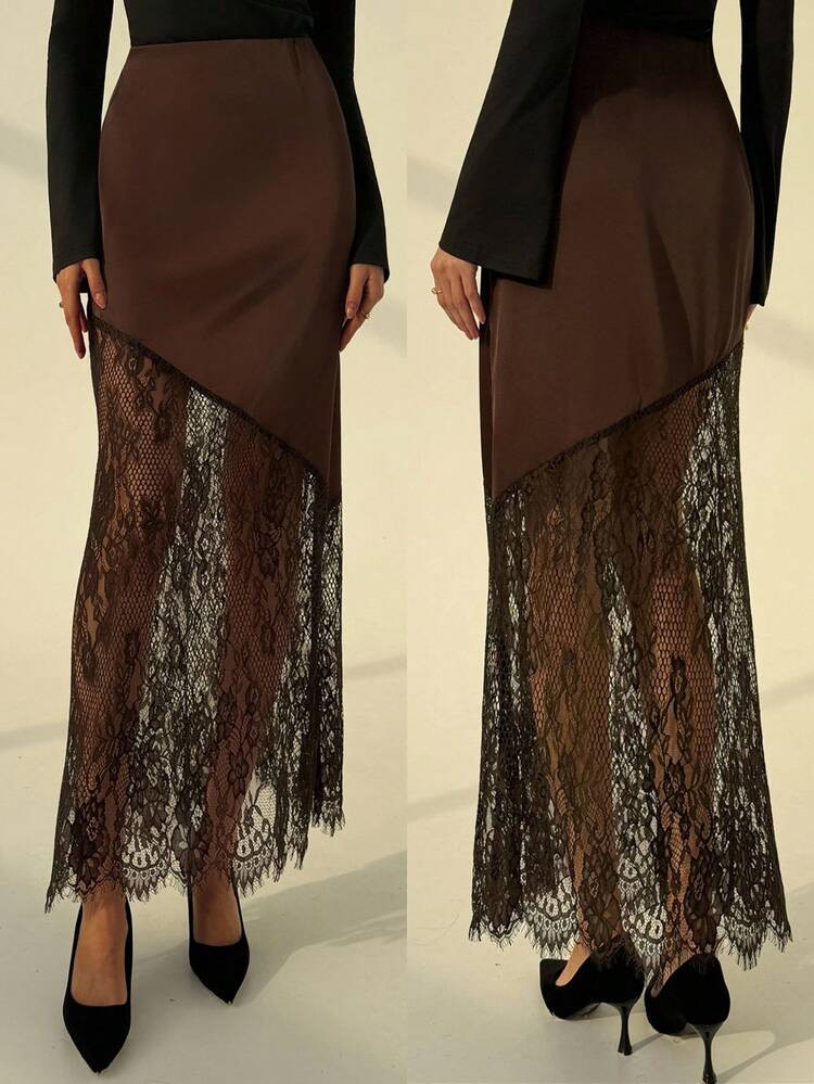 Aloruh Autumn/Winter New Romantic Date Brown Satin Contrast Lace A-Line Skirt, Valentine's Day Outfits For Women,Valentine Outfits For Women | SHEIN