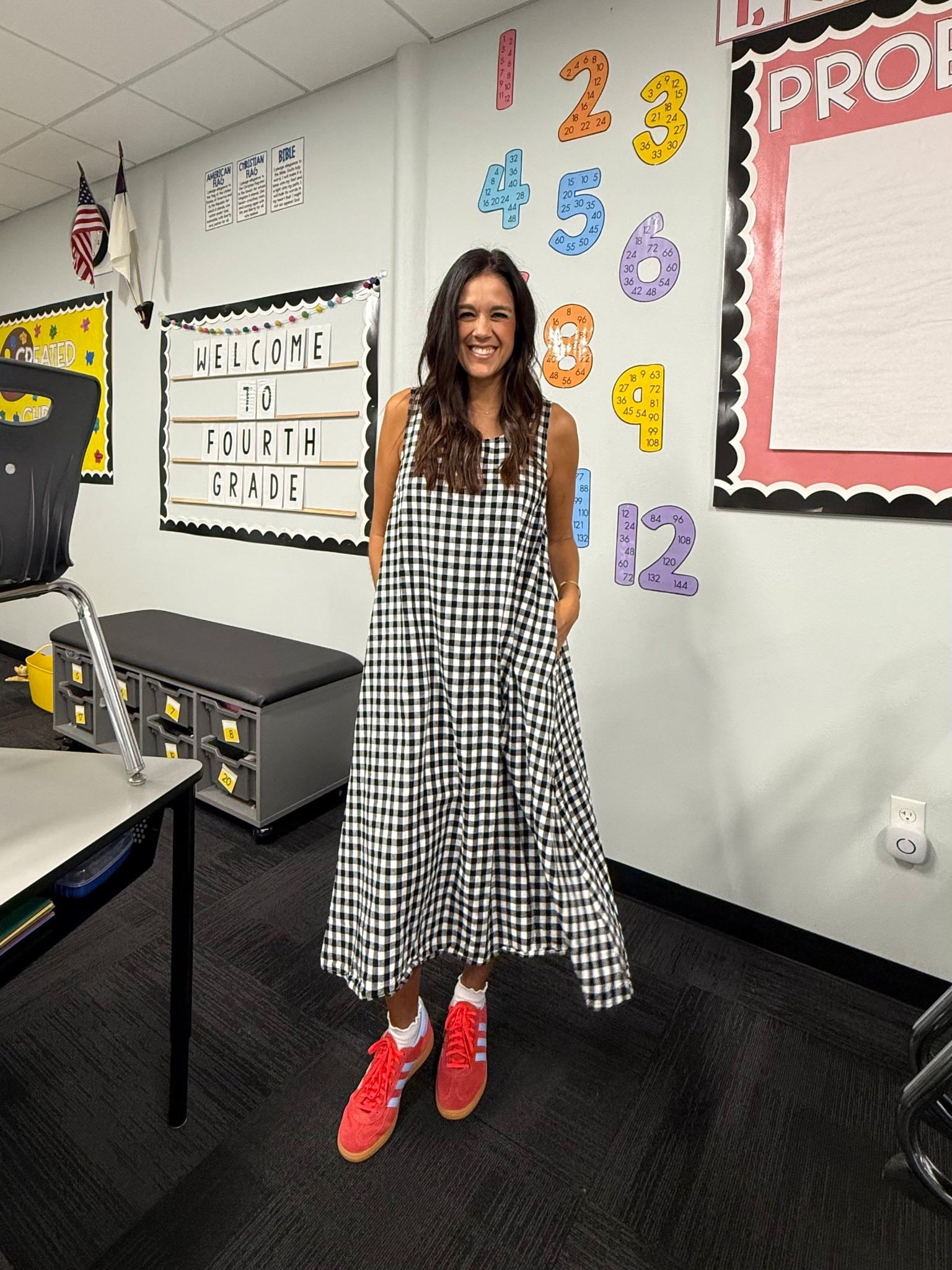 Gingham teacher dress from Amazon! I love these ruffle ankle socks paired with my bright shoes! 