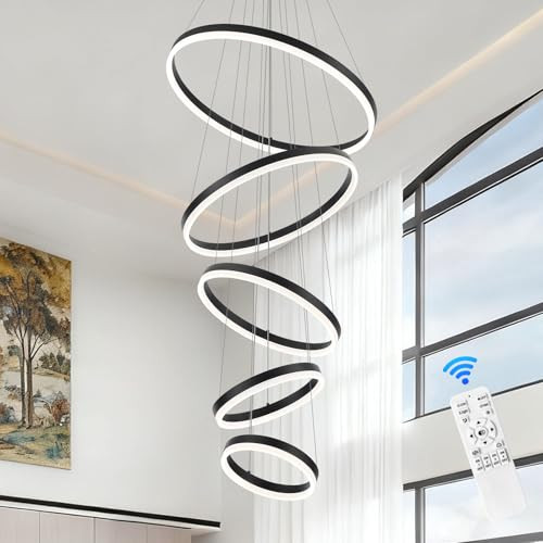 Tyottadar Black LED Chandelier 5-Ring Chandeliers High Ceiling with Remote Control Dimmable Modern Foyer Chandelier Light Fixture Circular Large Pendant Light for Staircase Living Room Entryway | Amazon (US)