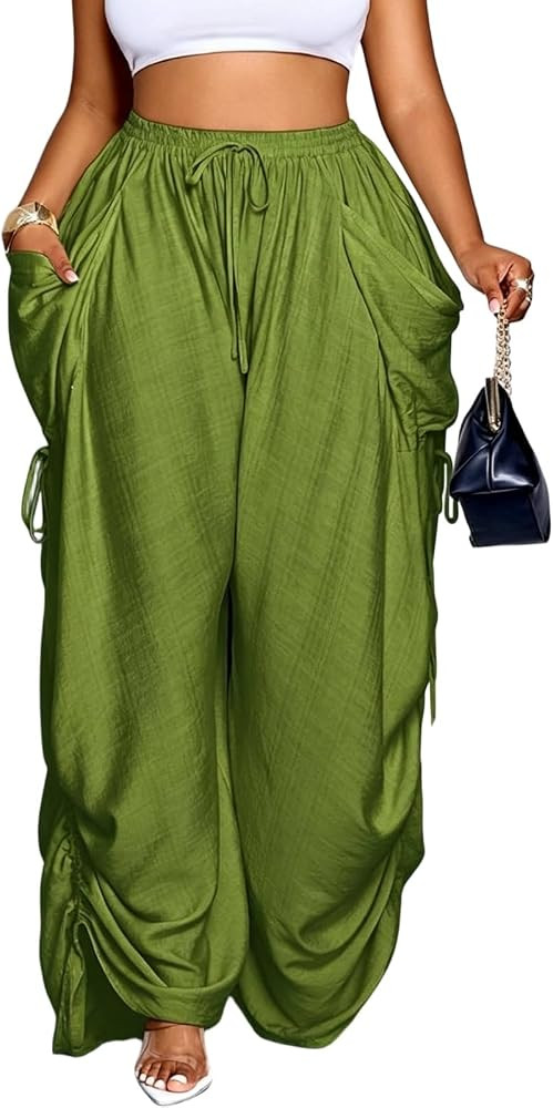 Plus Size Women's High Waist Drawstring Wide Leg Pants with Side Pockets & Adjustable Hem, Casual... | Amazon (US)