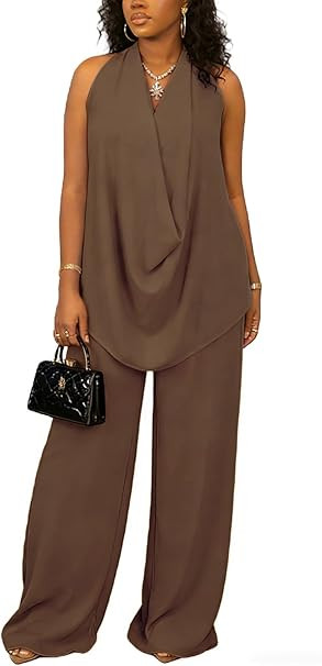 Vssjavun Women's Summer 2 Piece Outfits Cowl Neck Sleeveless Halter Tops and Wide Leg Pants Vacat... | Amazon (US)