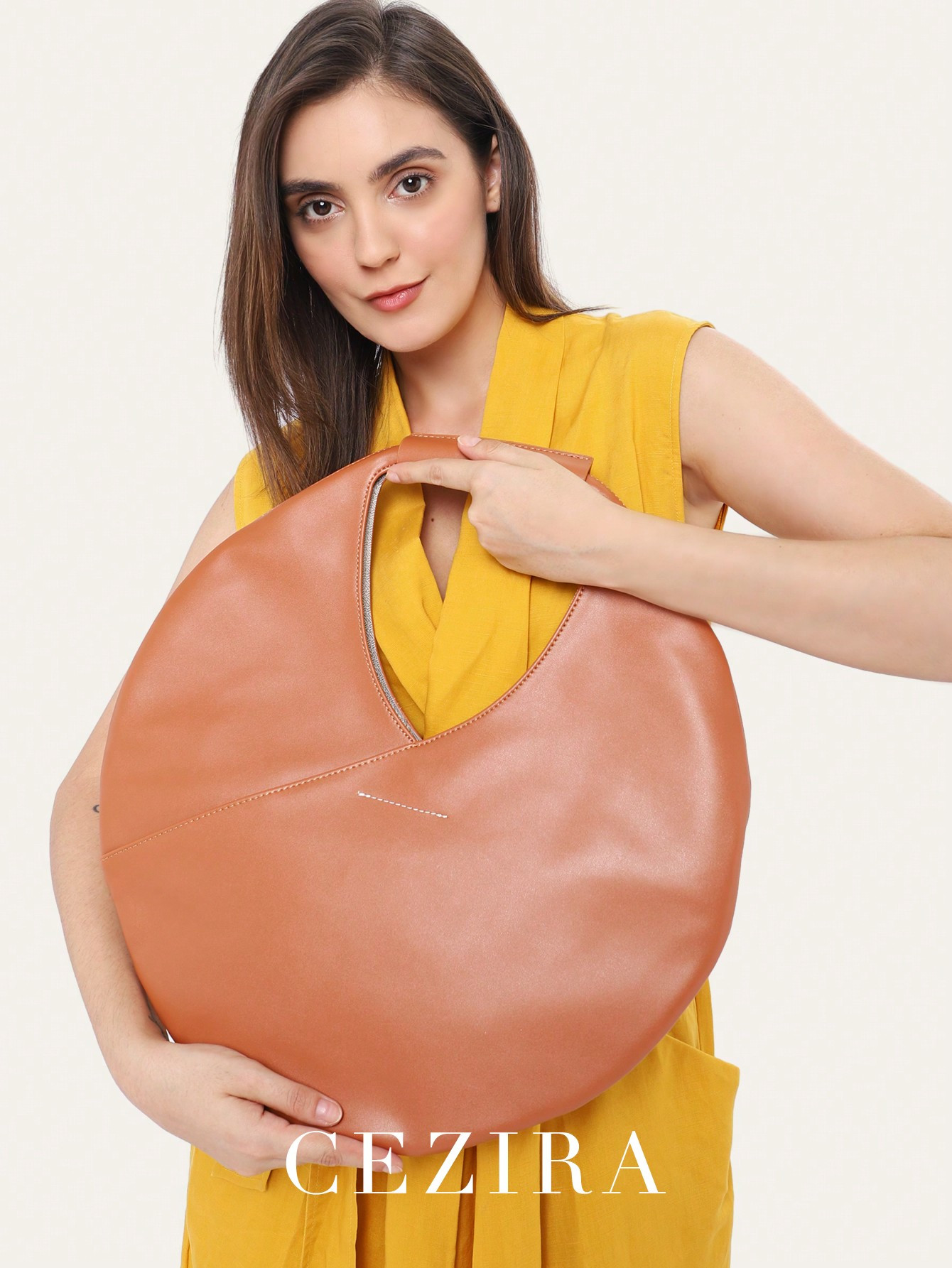 Plain Solid Color Big Round PU Leather Top-handle bag Niche Fashion Handbags for Women Daily Shop... | SHEIN