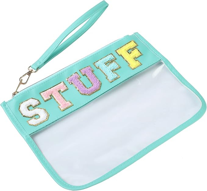 Gly'tidae Clear Green Chenille Letter Stuff Bag,Preppy Patch Makeup Bag Travel,Transparent Travel... | Amazon (US)