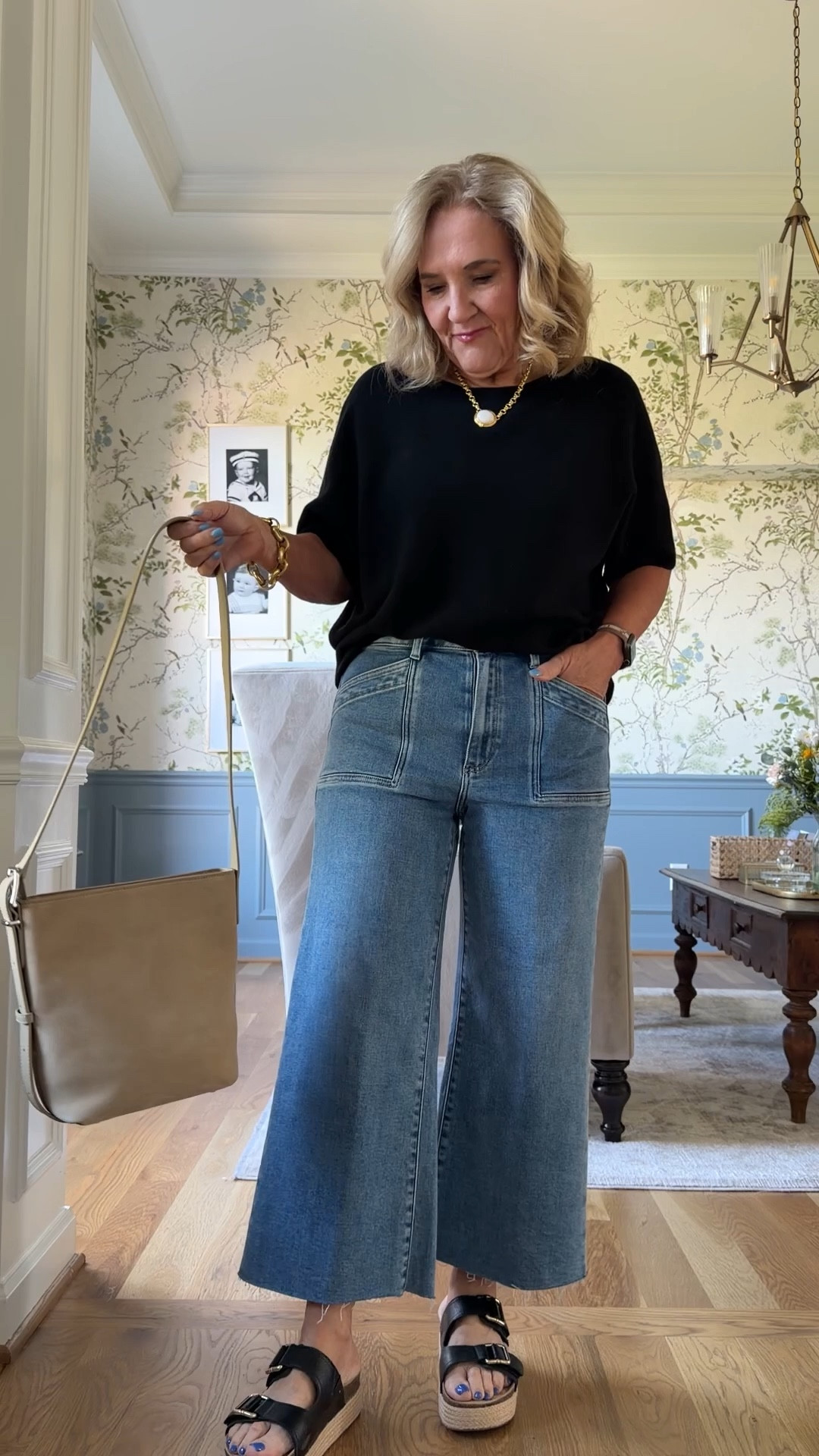 Sweater size medium 
Jeans size 29 petite 
I’ll link another wide leg crop that’s a bit less pricey too. 
My shoes are soldout linking similar 

#LTKPetite #LTKOver40 #LTKSaleAlert