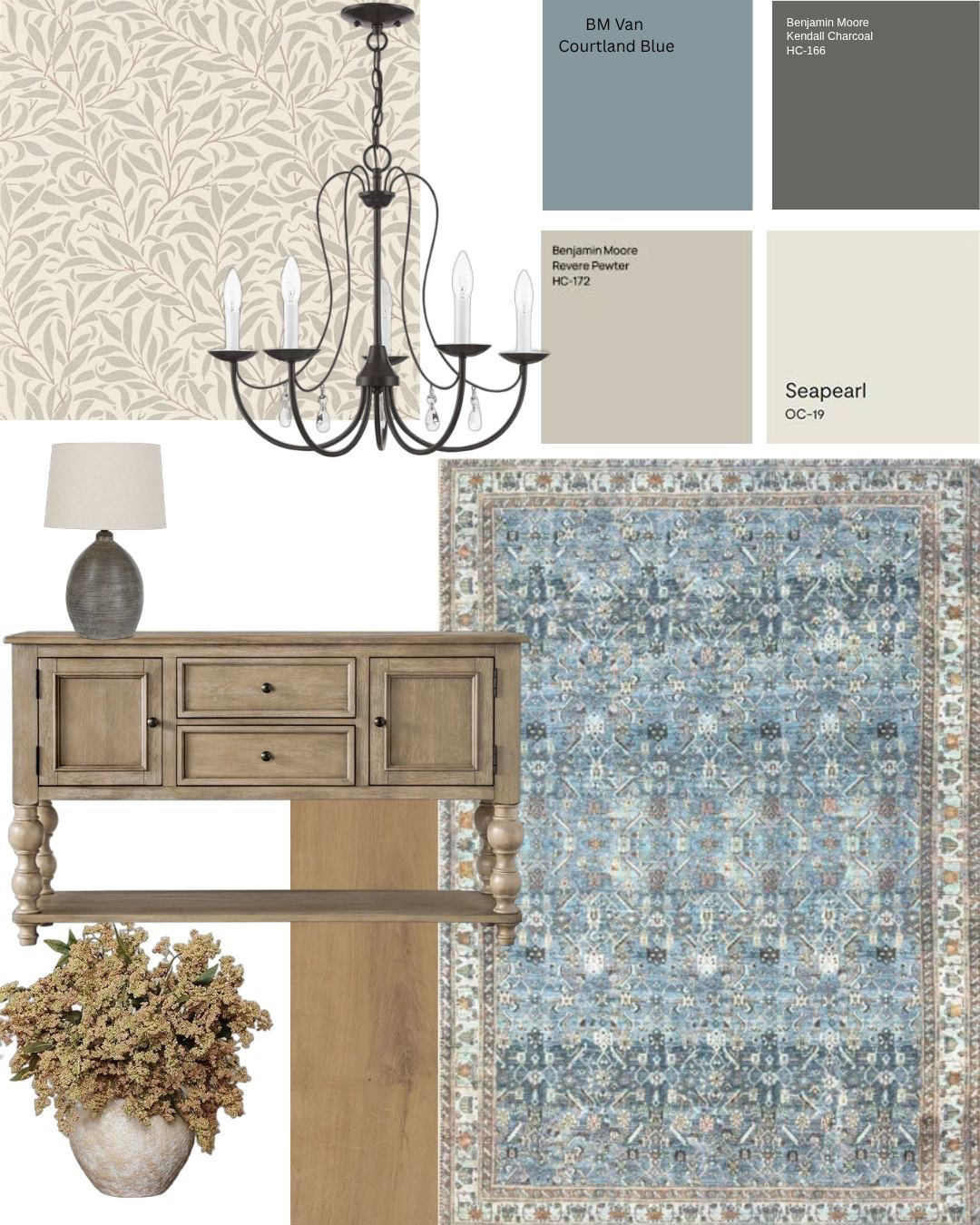 Blue and Taupe one of my favourite colour combinations. It doesn't take much effort to get it right. 
This board was created for a young couple that wanted to keep their dining/eating space stylish and easy to live and affordable. 

Need these links for your dining space?Comment 'shop' and I'll send them to you!

Do you need a mood board? Would it help you envision your space along with an Ai photo of the competed space? Comment 'fees' and I'll sent you a fees and services list.

#diningroom #kitchen #storage #rug #wayfairhome #benjaminmoore #colourpalette #moodboard #invitinginteriors #chandelier #farmhouse #sideboard #designertips #humandesigner 

 #LTKcanada #LTKhome #LTKfamily