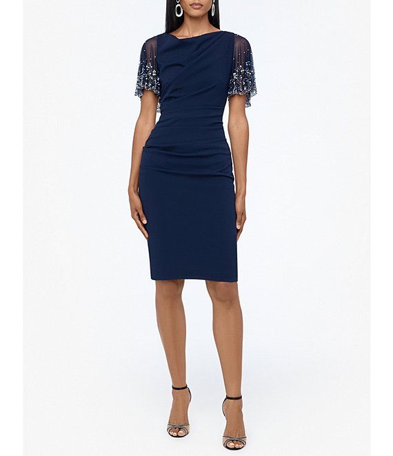 Beaded Flutter Short Sleeve Draped V-Neck Scuba Crepe Sheath Dress | Dillards