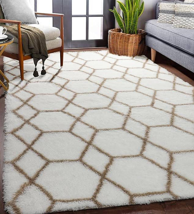 ONASAR Rugs for Living Room Bedroom, 5x8 Washable Fluffy White and Beige Area Rug, Geometric Boho... | Amazon (US)