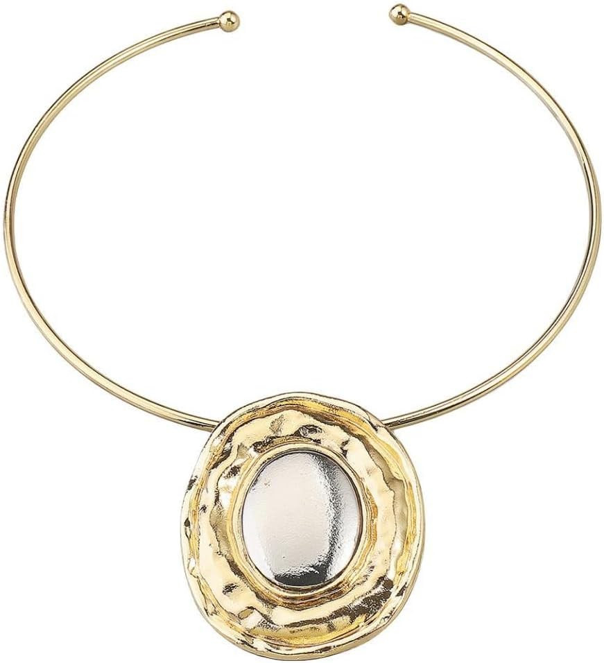 Fashion Chunky Statement Necklaces - African Choker Necklace with Gold Oval Pendant,Tribal Collar Necklace Hammered Metal Jewelry for Women | Amazon (US)