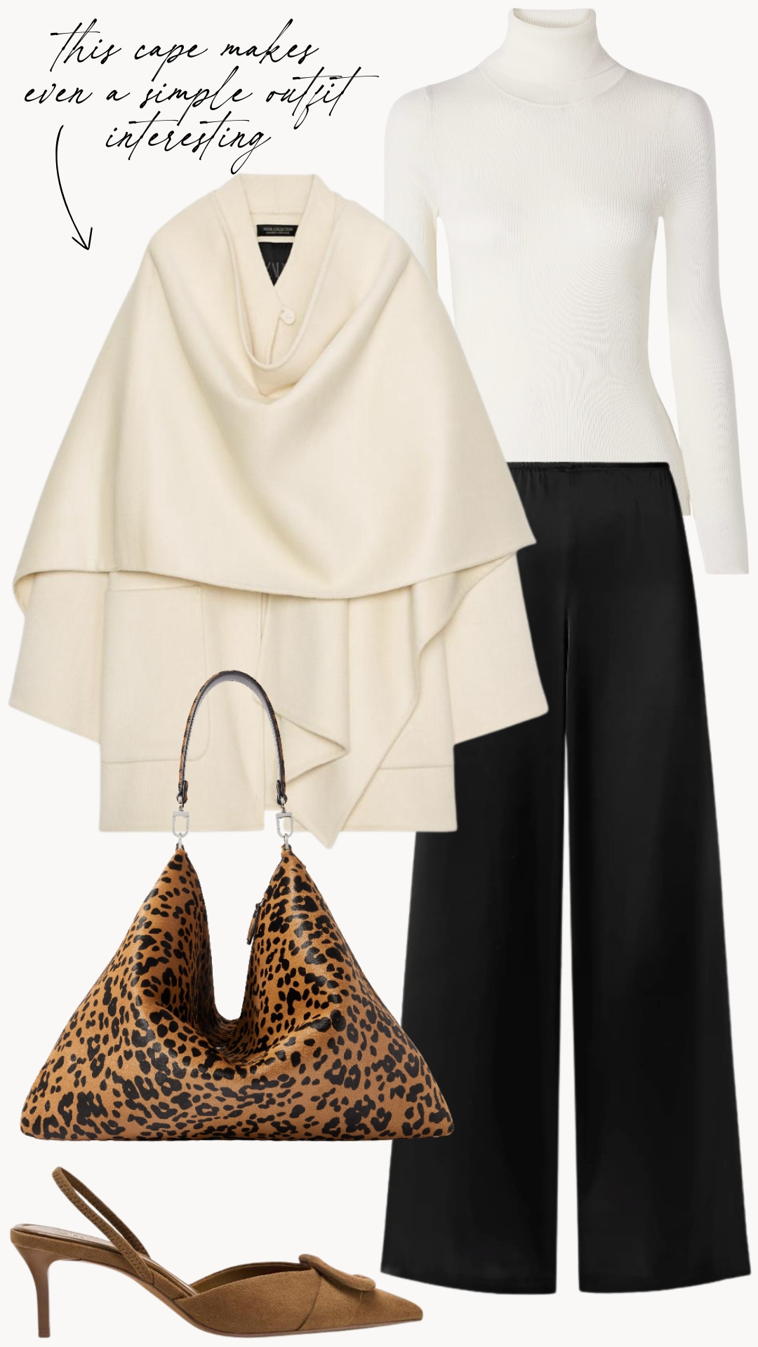 This cape is Zara! Gorgeous pieces for day and evening. Dress it up with these Manolo lookalikes or down with chelsea boots and a turtleneck.

Zara fall, leopard tote, dressy fall outfit, fall night out, holidays outfit 

 #LTKSeasonal