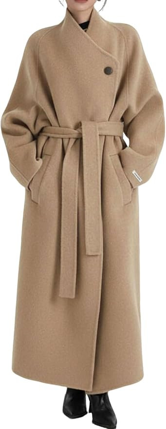 Women's Oversized Long Wool Coat Asymmetric Wrap Belted Trench Coat Fall Winter Overcoat with Poc... | Amazon (US)