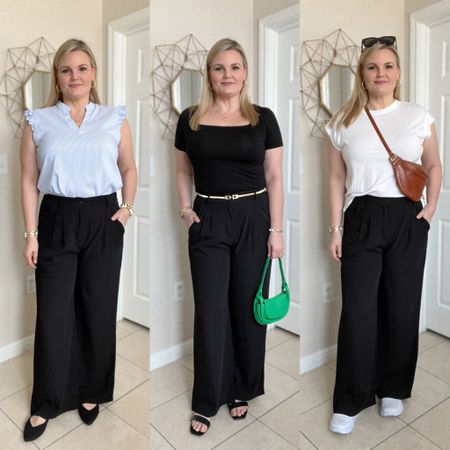 Wide leg trousers styled three ways- workwear, going out, and casual. Wearing size large in the trousers. Size large in the workwear blouse, size XL in the black bodysuit, size medium in the white top  

#LTKworkwear #LTKunder50 #LTKstyletip