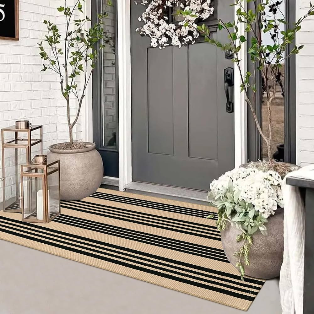 Striped Outdoor Front Door Mat 24"x51", Cotton Hand Woven Washable Black and Khaki Rug Runner, Re... | Amazon (US)