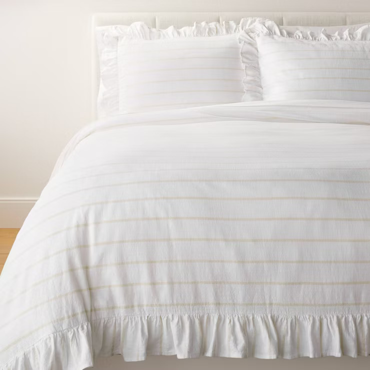 Yarn Dye Stripe with Ruffle Duvet Cover & Sham Set White/Khaki - Threshold™ with Studio McGee | Target