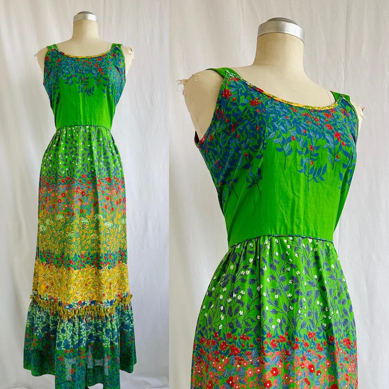 Vintage 70s Green Cotton Prairie Maxi Dress With Floral Print | Etsy (US)