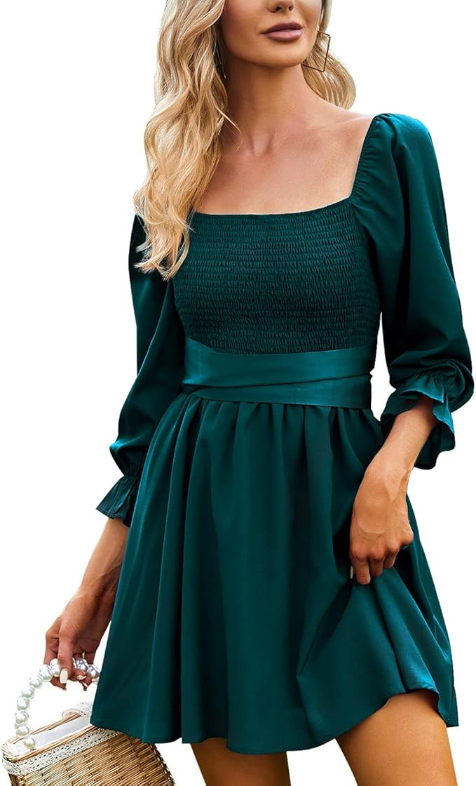 EXLURA Women's Swing Satin Tie Mini Dress Square Neck Long Lantern Sleeve Backless Wedding Guest ... | Amazon (US)