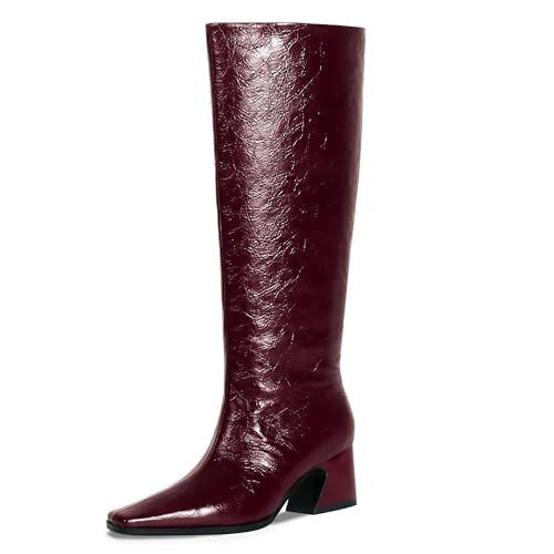 COMJUY 2" Burgundy Red Knee High Boots for Women, Low Kitten Heel, Pull-on Block Heel, Square Toe, Flat Tall Riding Boots, Gogo Boots, Faux Leather, Size 9.5 | Amazon (US)