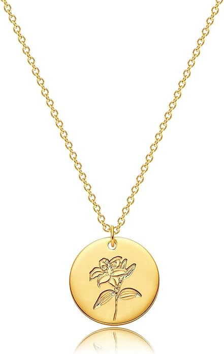 MEVECCO Birth Flower Necklace 18k Gold Engraved Custom Floral Pendant Necklaces Dainty Birth Mont... | Amazon (US)