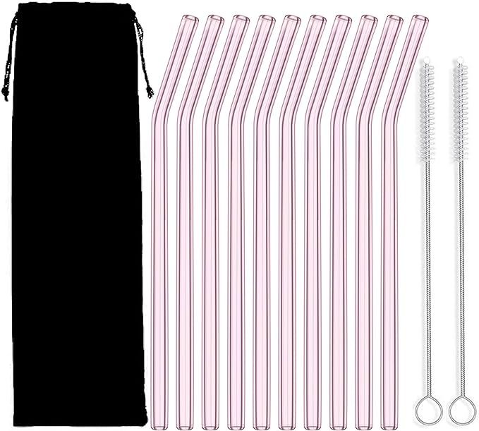 Glass Straw – 10pcs Pink Bent Glass Straw Set, 8'' Reusable Straws With Cleaning Brush For Tumb... | Amazon (US)