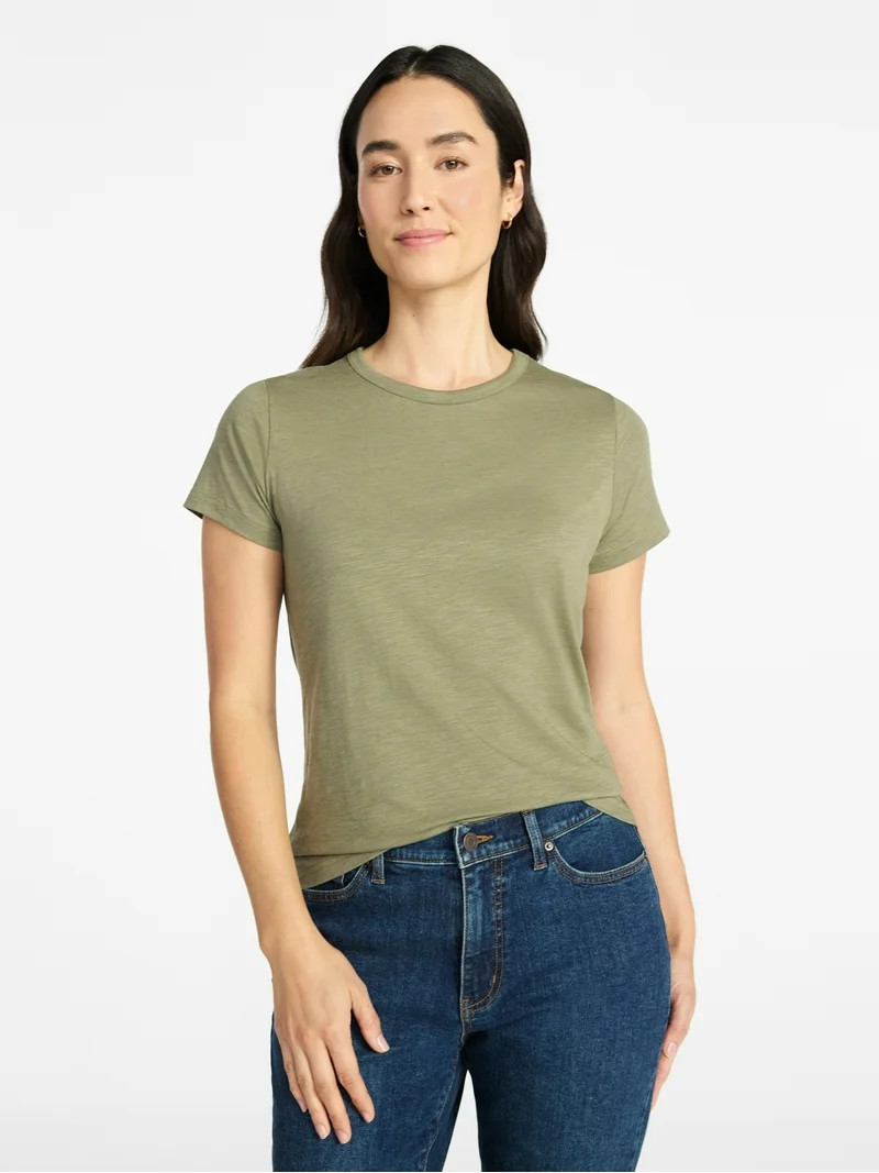 Time and Tru Women's Slub Crewneck Tee with Short Sleeves, Sizes XS-XXXL - Walmart.com | Walmart (US)